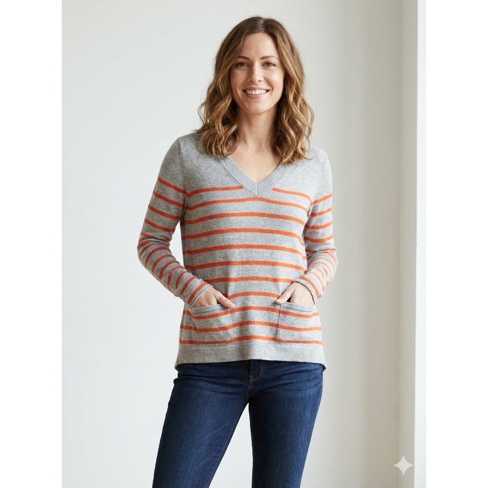 Rag Bone Grey Orange Stripe V Neck Long Sleeve Sweater Store Exclusive‎ XS